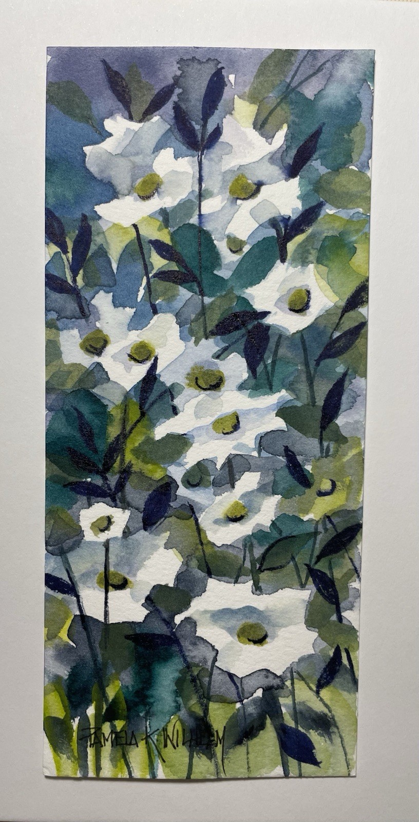 Pamela Wilhelm original 2.5”x6” Watercolor White Garden Flowers Teal & Greens