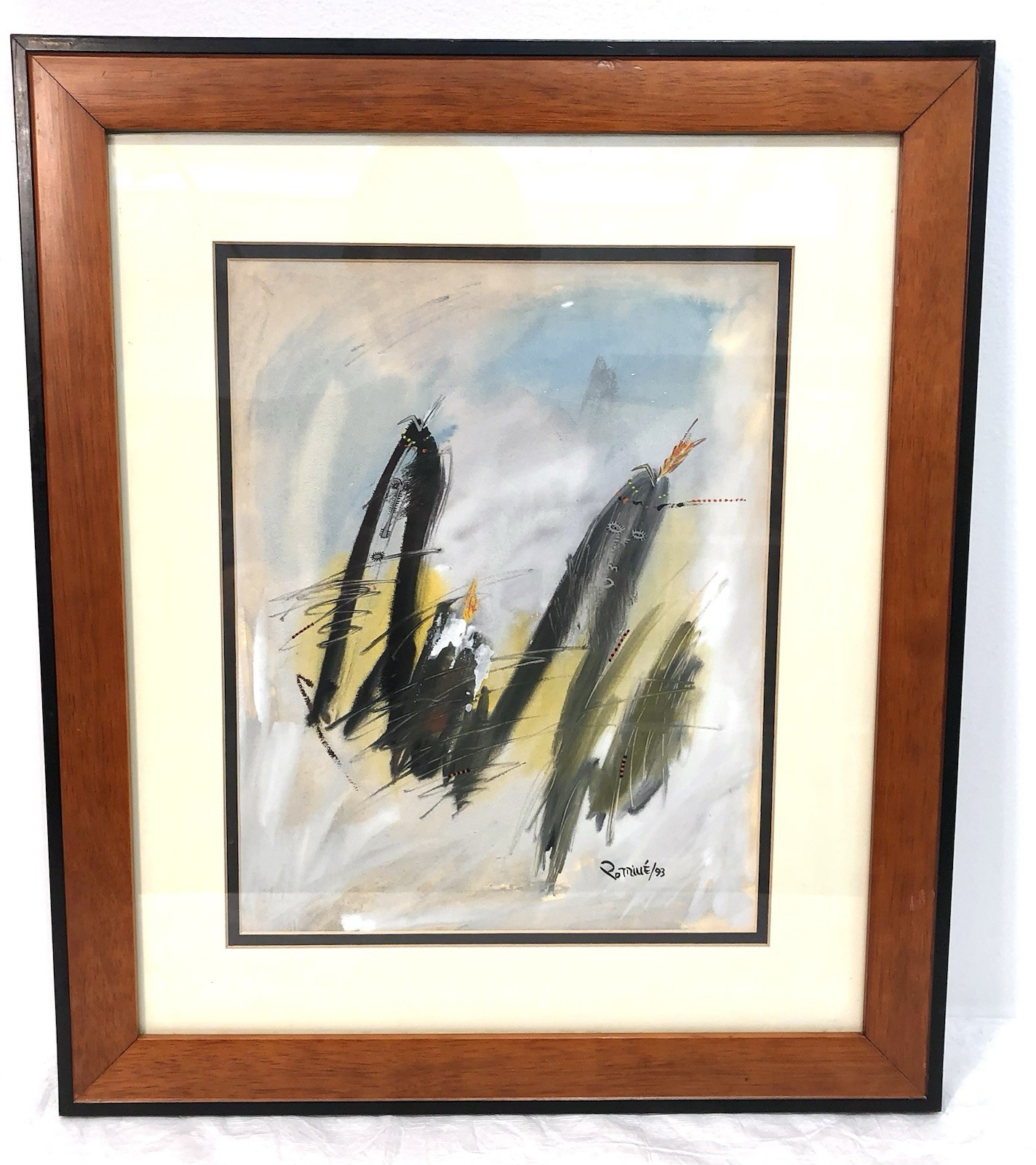 Original Abstract Gouache on Paper Painting Signed Potriue Framed Under Glass