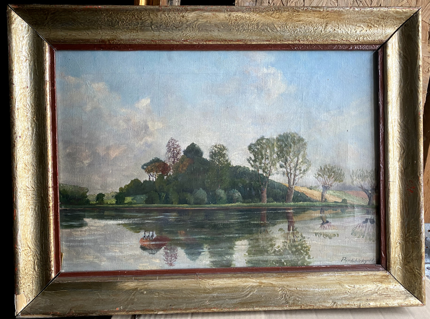 Pardubicky. A Oil Painting Antique Um 1900 Park Shore Were Trees Landscape Frame