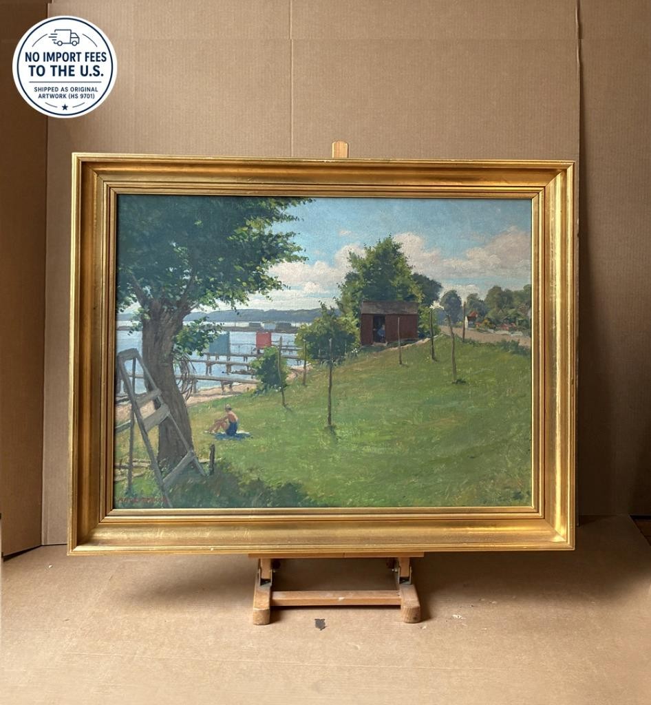Aage Frikke (Danish, 1884) Summer day at Snekkersten Beach. Dated 1944. COA