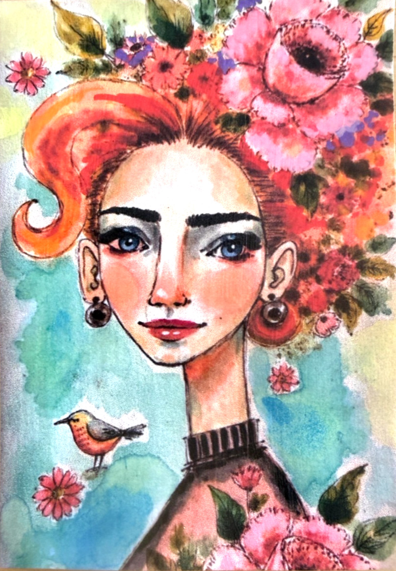 OOAK Floral Girl & Bird ACEO Watercolor Mixed Media Art Card by AdriO Signed