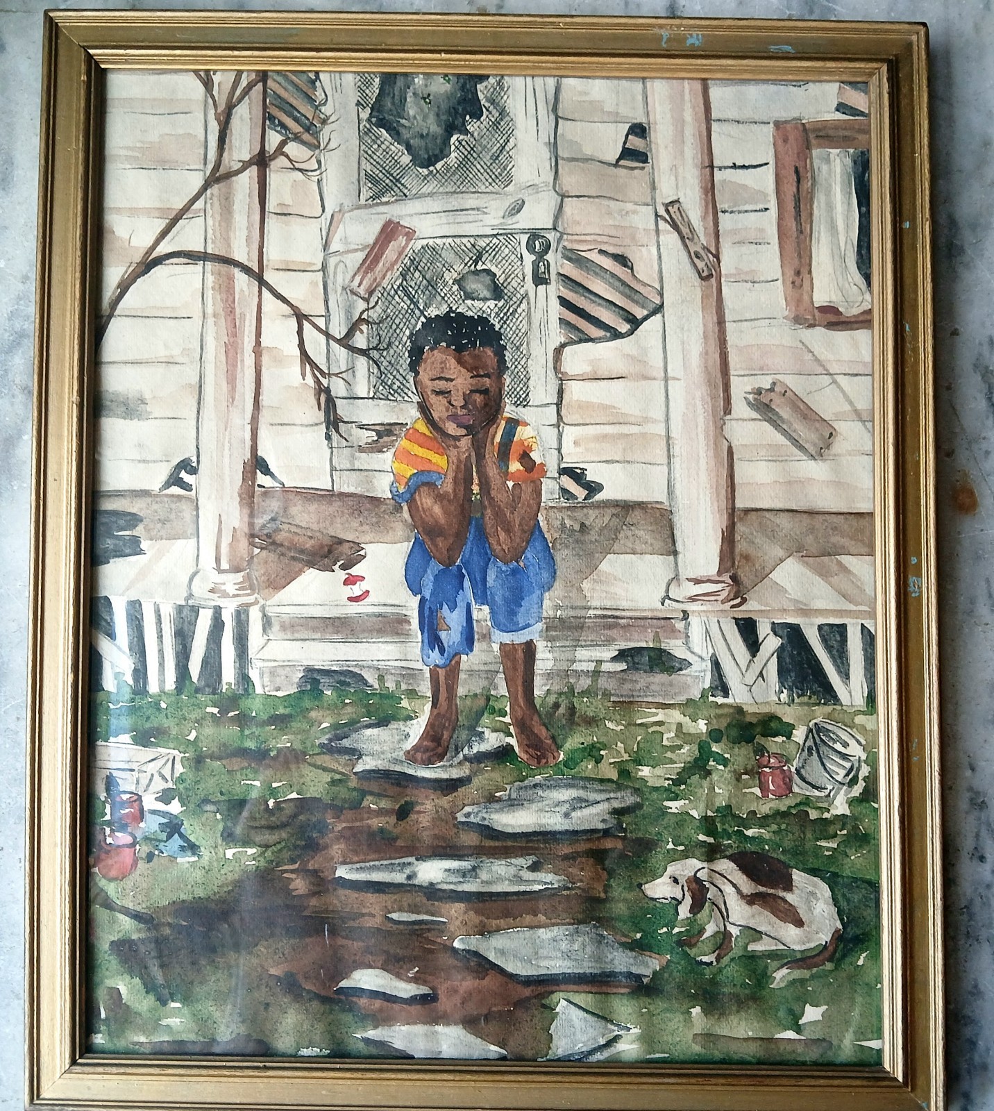 Vintage Folk Art Watercolor Painting, Young Black Boy Sitting on a Porch w/ Dog