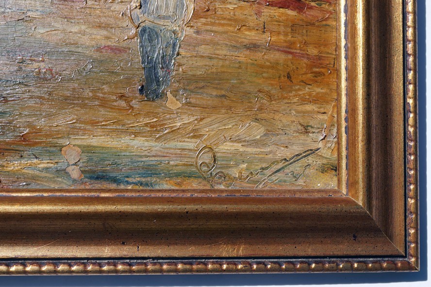 Post Impressionist Harbor Scene Landscape Oil Painting 20thC. Signed Illegible.