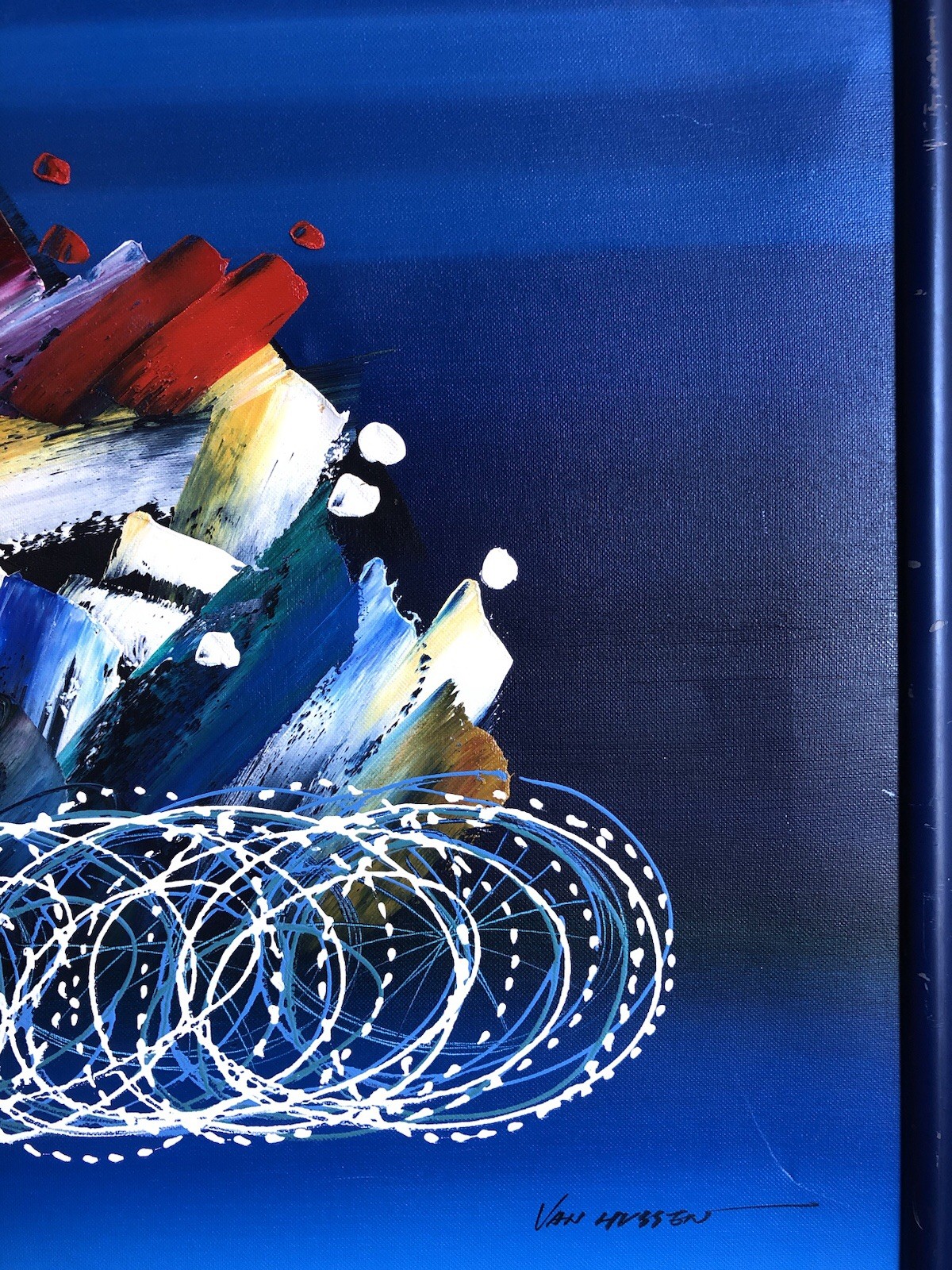 Tour de France Original Signed Van Hussen Canvas Painting Cyclists Bike Riders
