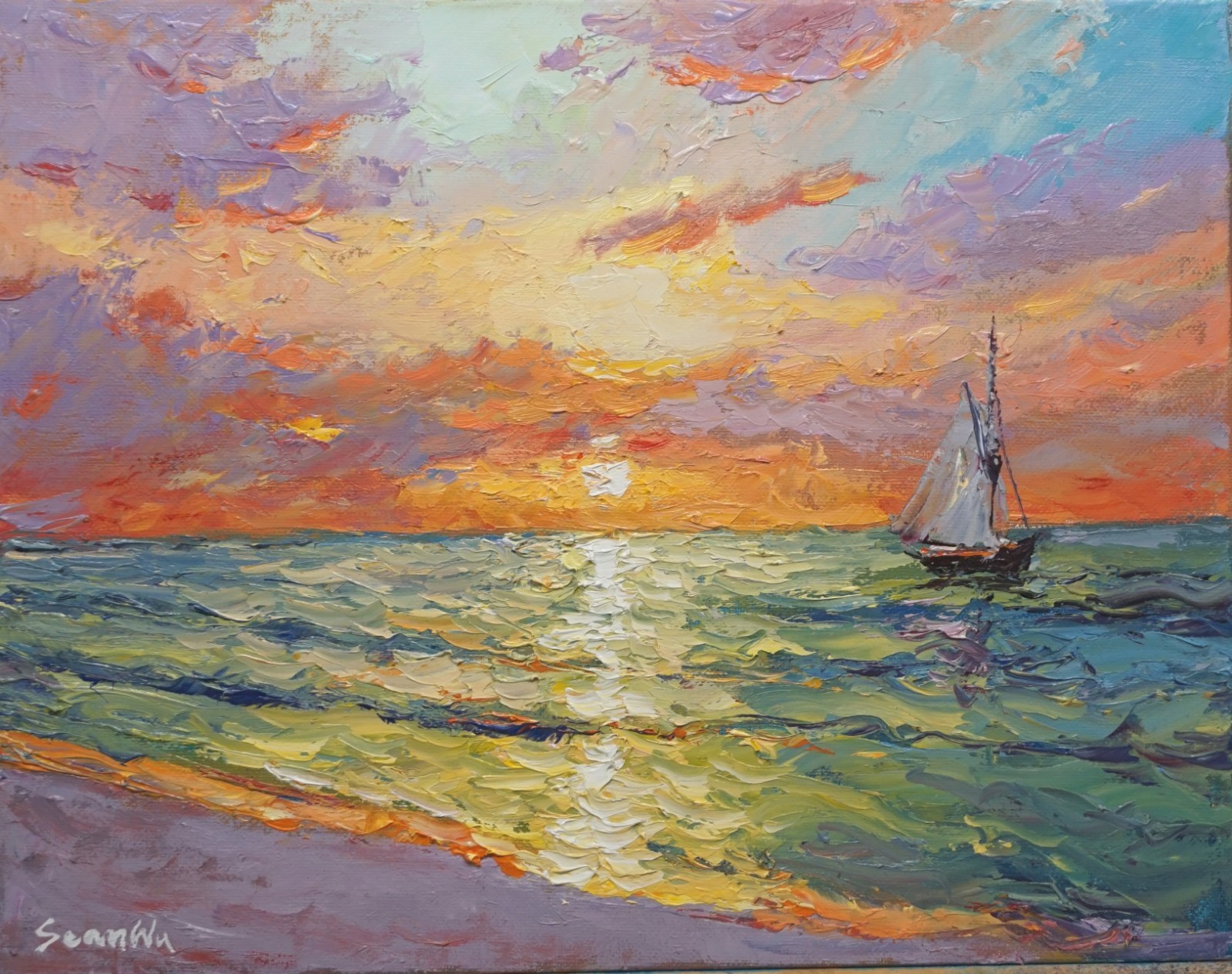 Sean Wu original oil, 11×14 on stretched canvas， sunset