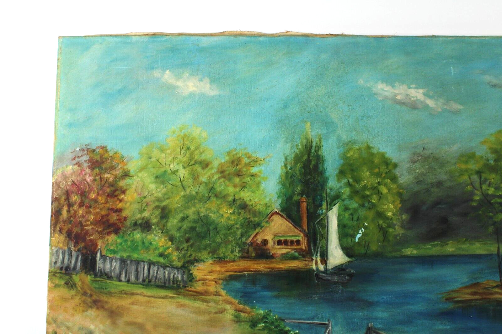Vintage Sailing Along The River Shore Scenery Oil Painting Signed Illegible