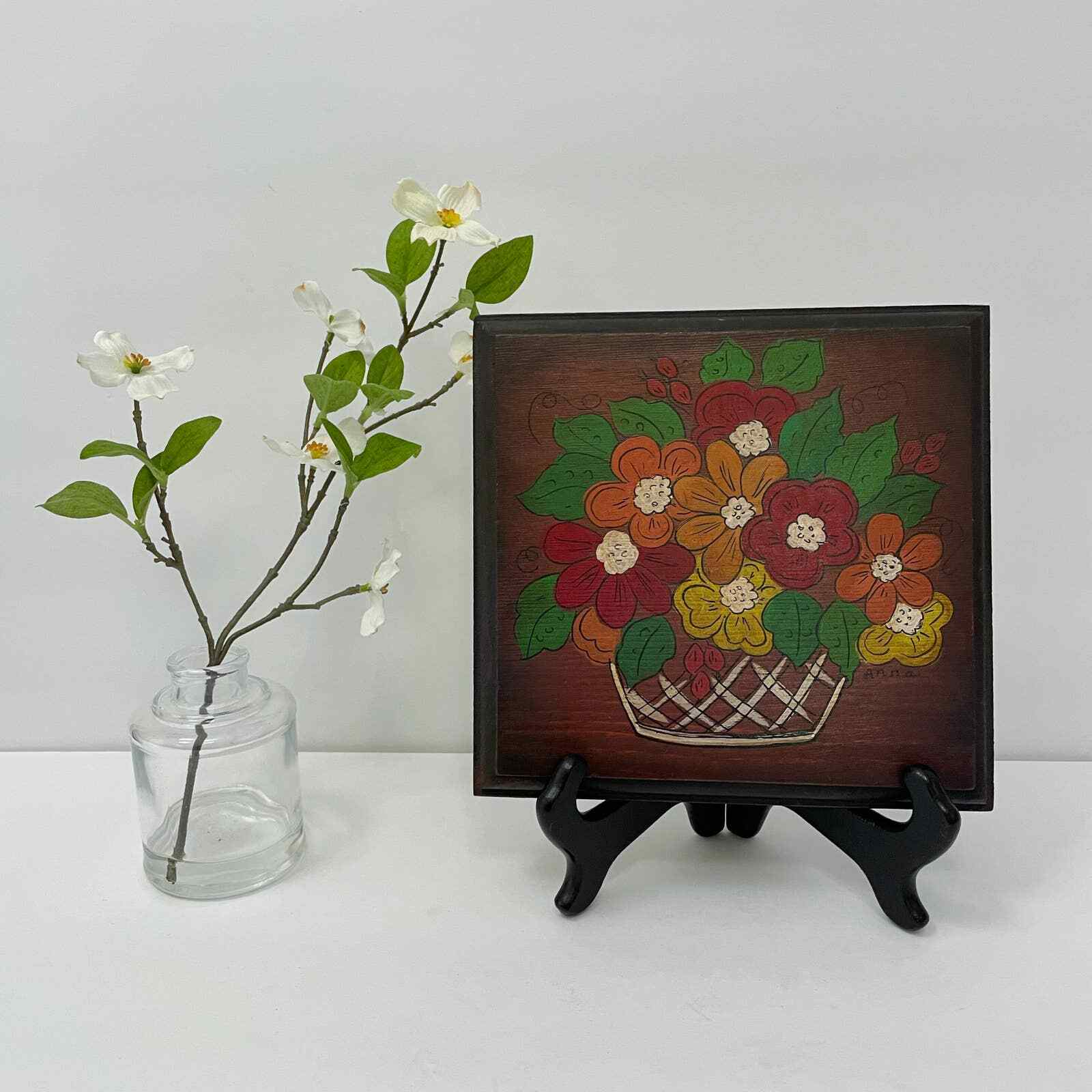 Vintage Original Painting Basket of Flowers
