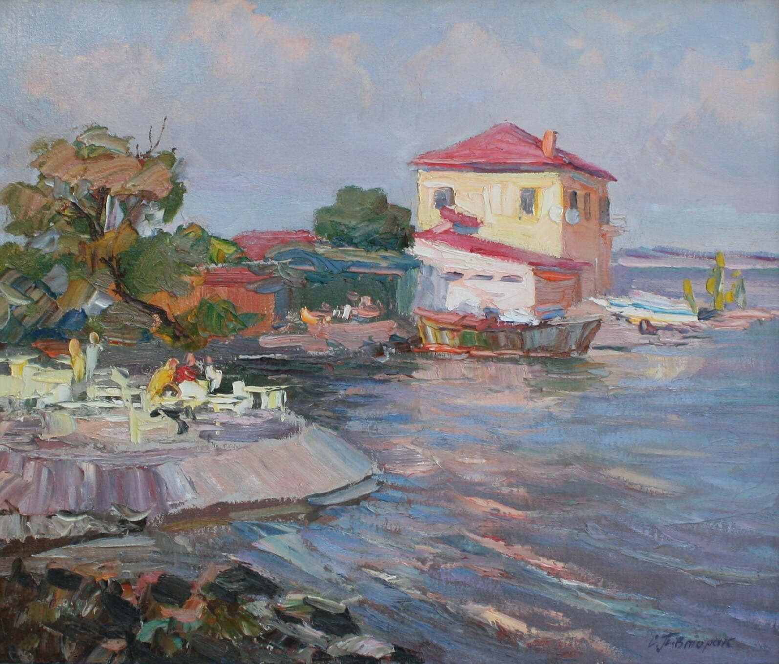 Original Cafe near Sea Pier Landscape Oil Artwork Impressionism ART