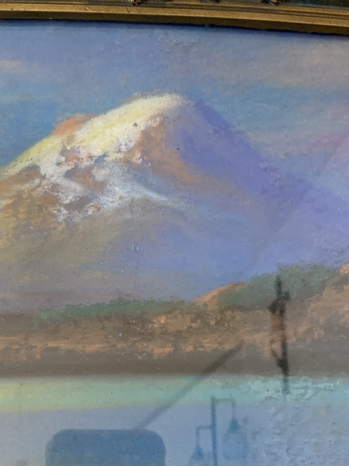 Antique Original Pastel Painting On Cardboard Landscape Mountain Lake Signed