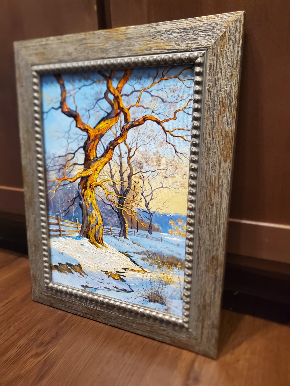 Original Oil Art Framed winter landscape painting with trees and bright blue sky