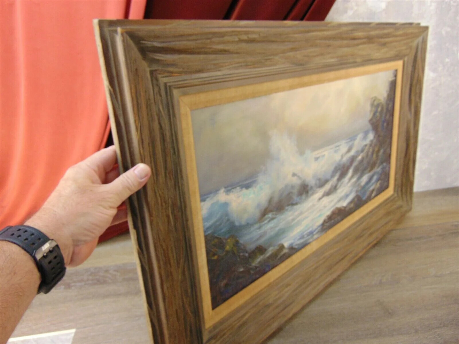 Original Painting Horizontal SEASCAPE by ROSEMARY MINER Rocks Storm Superb!