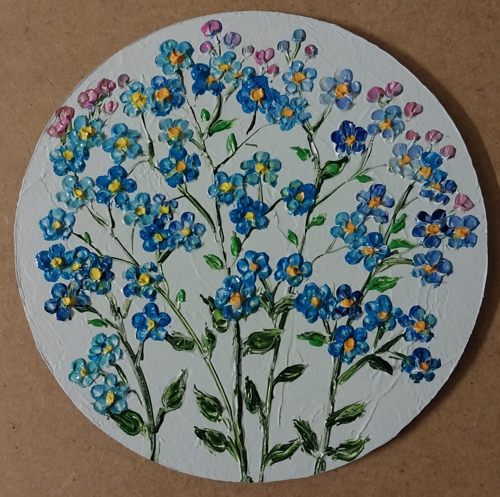 Forget-Me-Nots Wild Flowers Round Canvas Art 4×4” Impasto Oil Painting Original