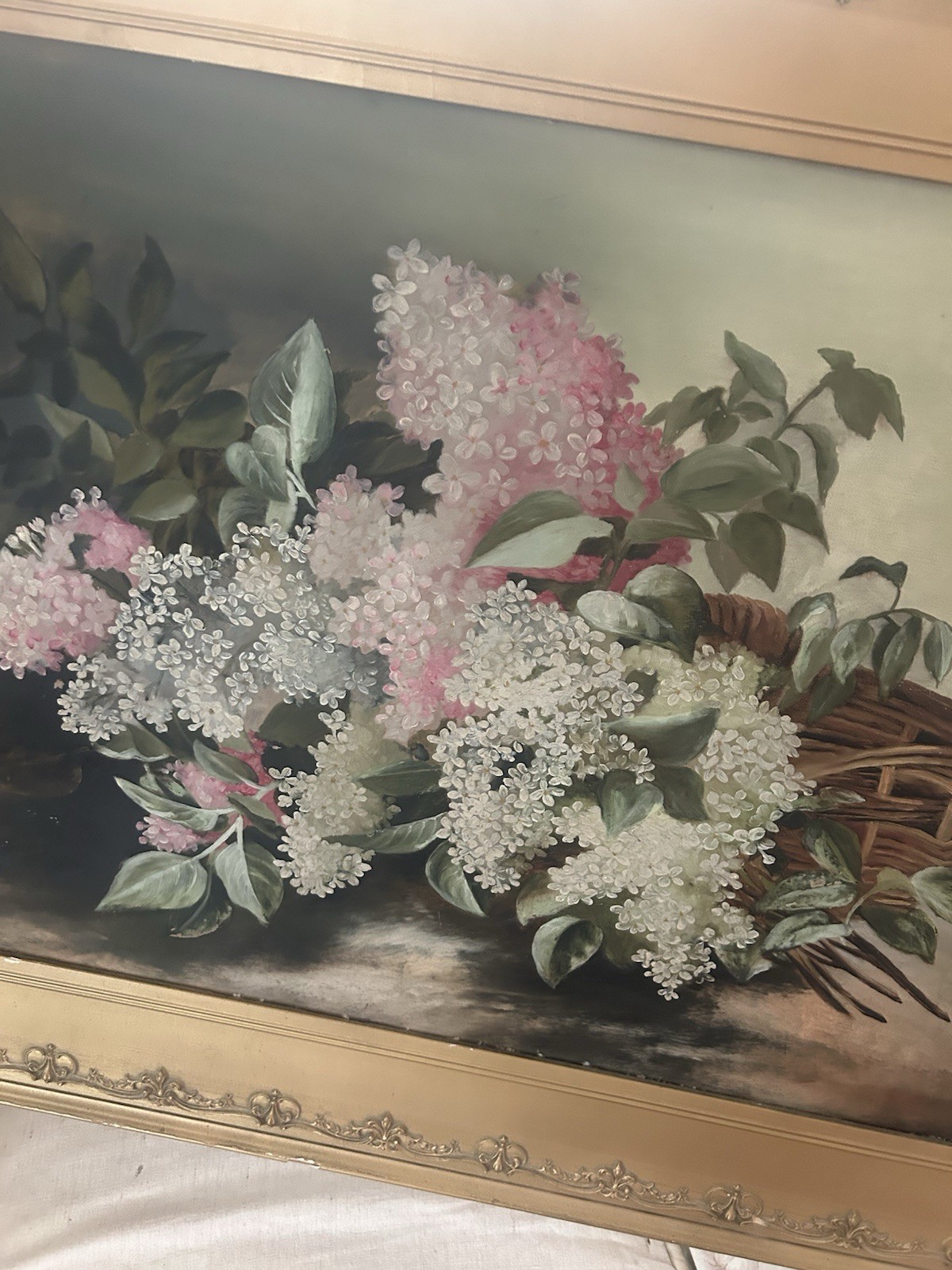 Large Antique Oil Painting of Pink and White Lilacs 1890s Framed
