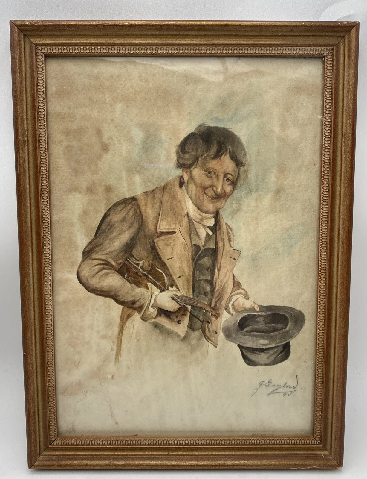 1800’s Original Watercolor Violinist Portrait Painting Art By George Gaylord
