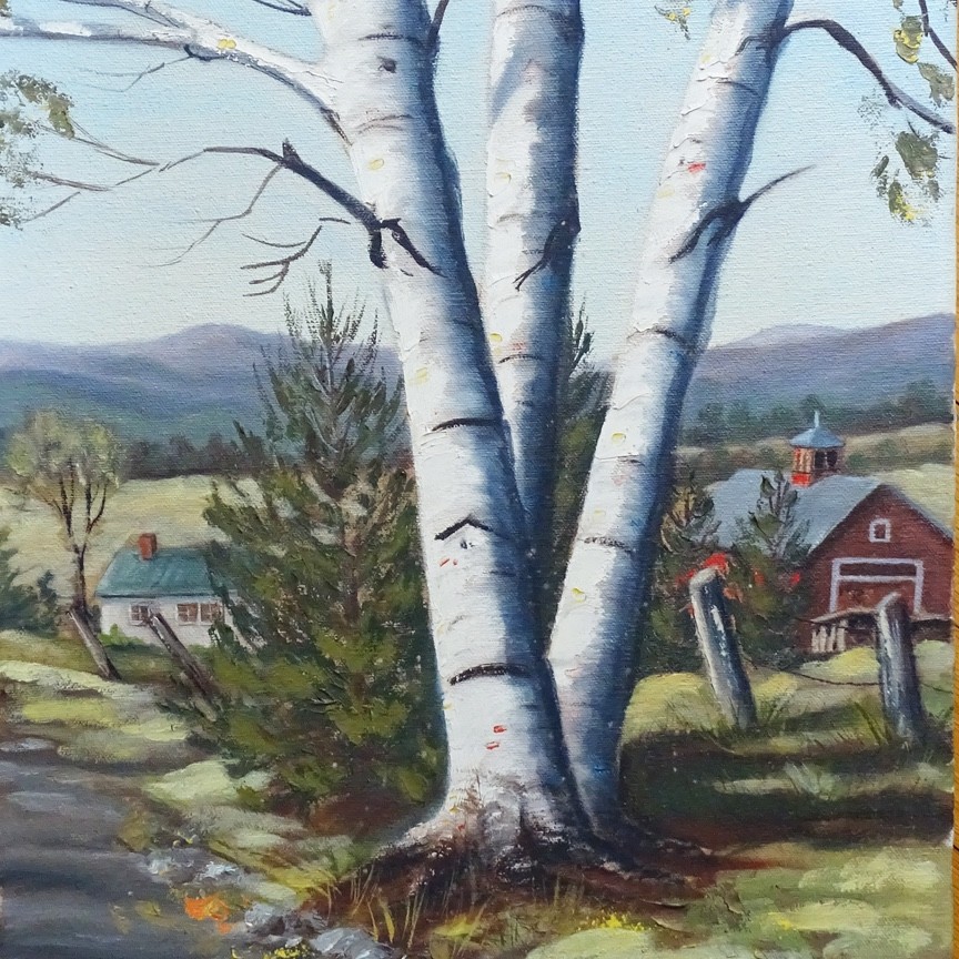 C1960-70s Landscape Oil Painting Farmhouse Barn Birch Trees Provenance 16×12