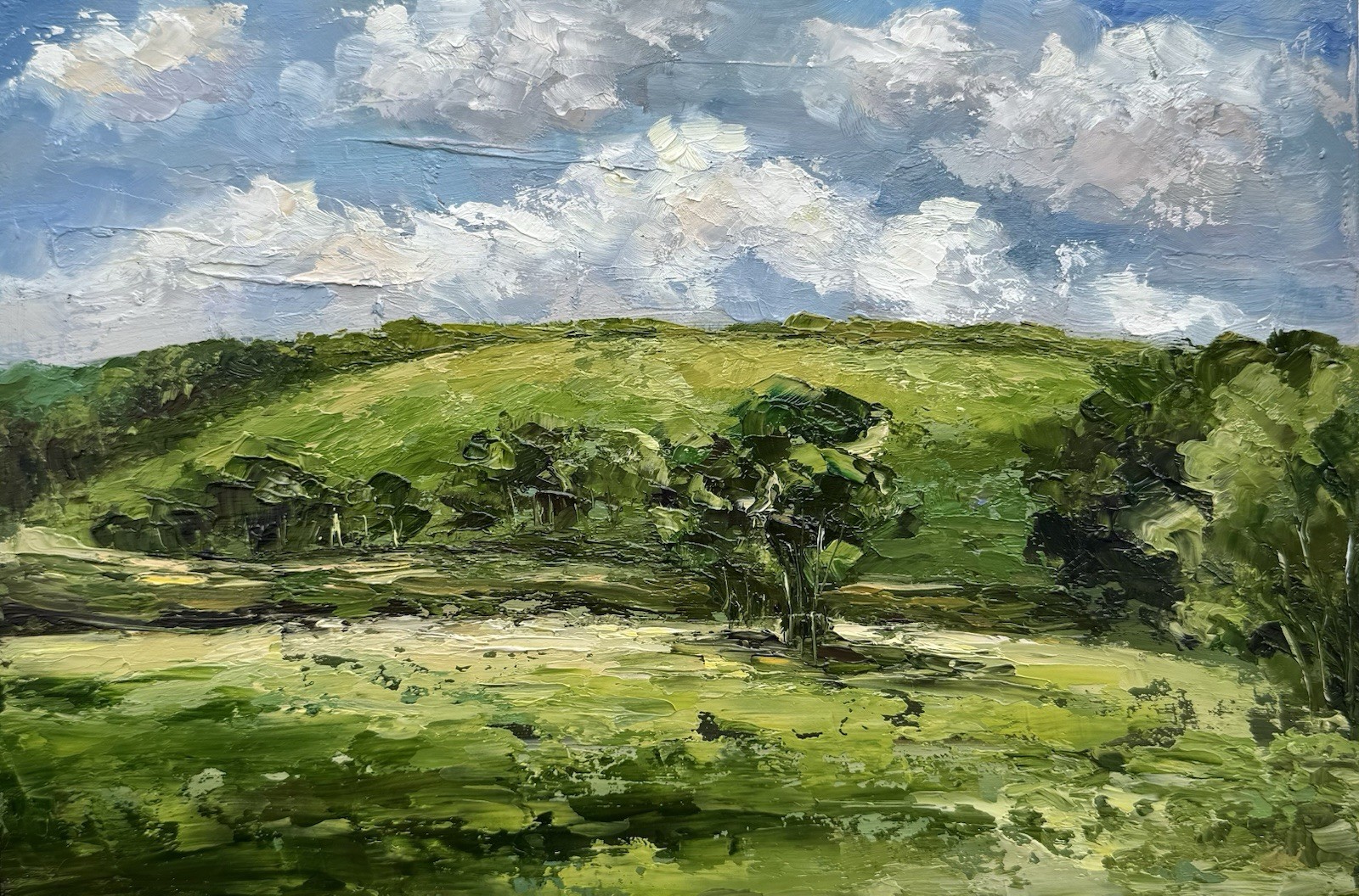 Original Art Panaramic Landscape Painting Green Field Art Semi Abstract Art