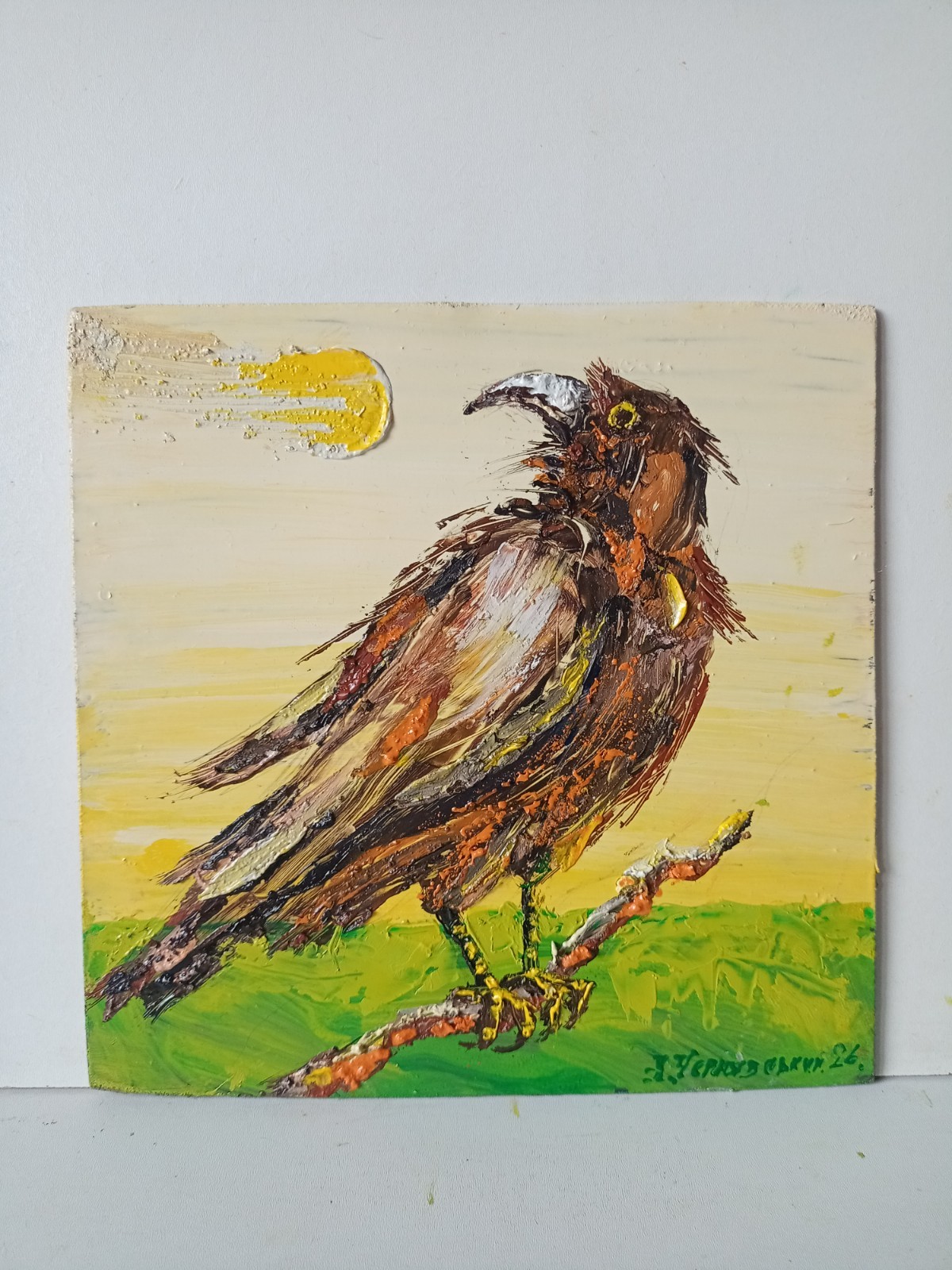 Raven Birds Impasto Painting Original Art Impression Oil Painting 7.8 x 7.8 in