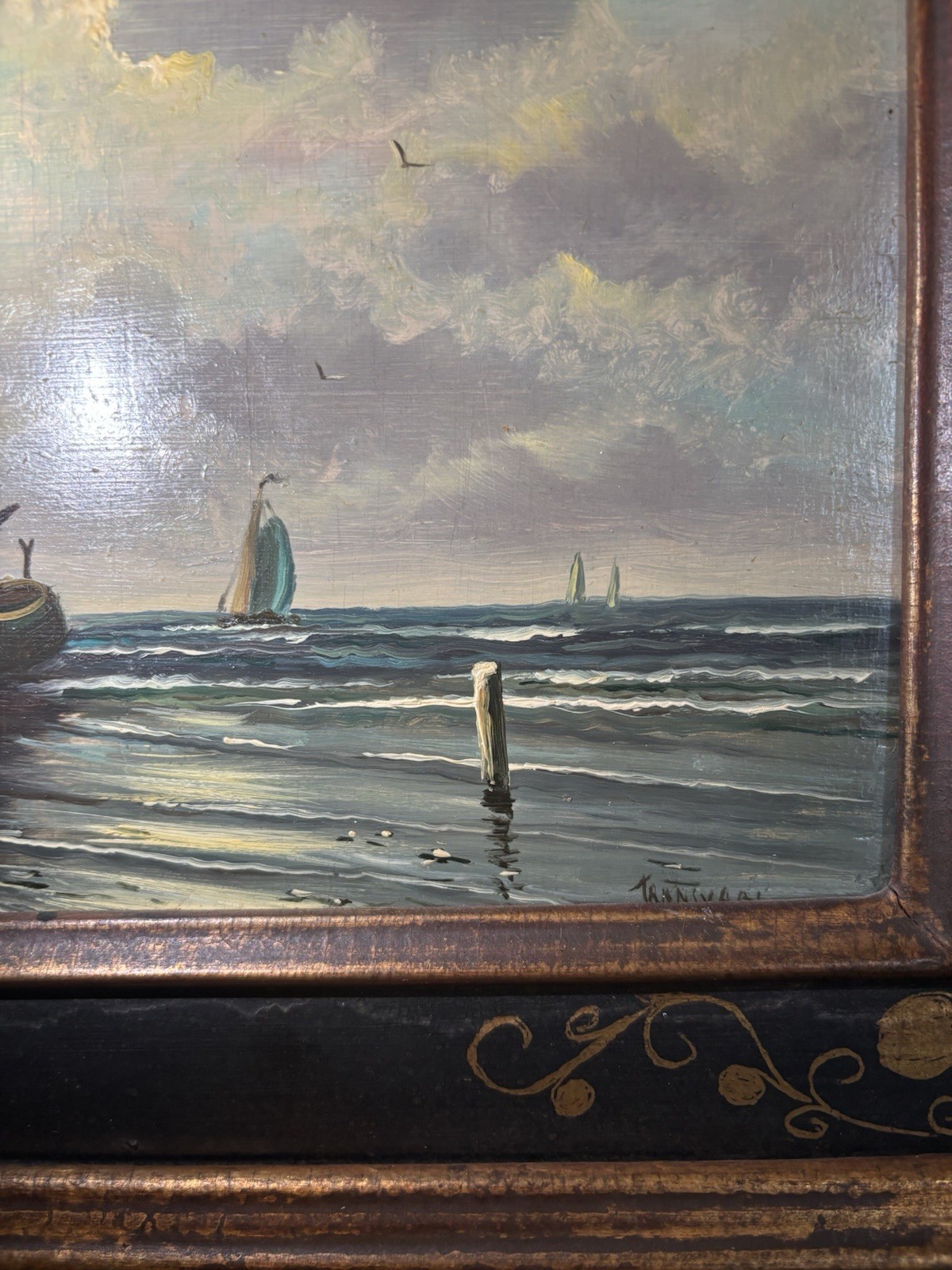 Antique Moody Nautical Signed Framed Painting Art