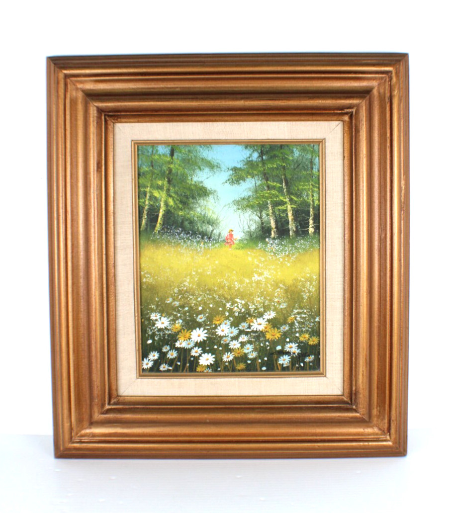 Vintage Girl In A Red Dress In A Field Of Daisies Oil Painting Signed Illegible