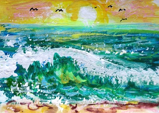 ORIGINAL ACEO Painting OCEAN Beach Waves Birds Sunset Summer Shore Sea ATC ART