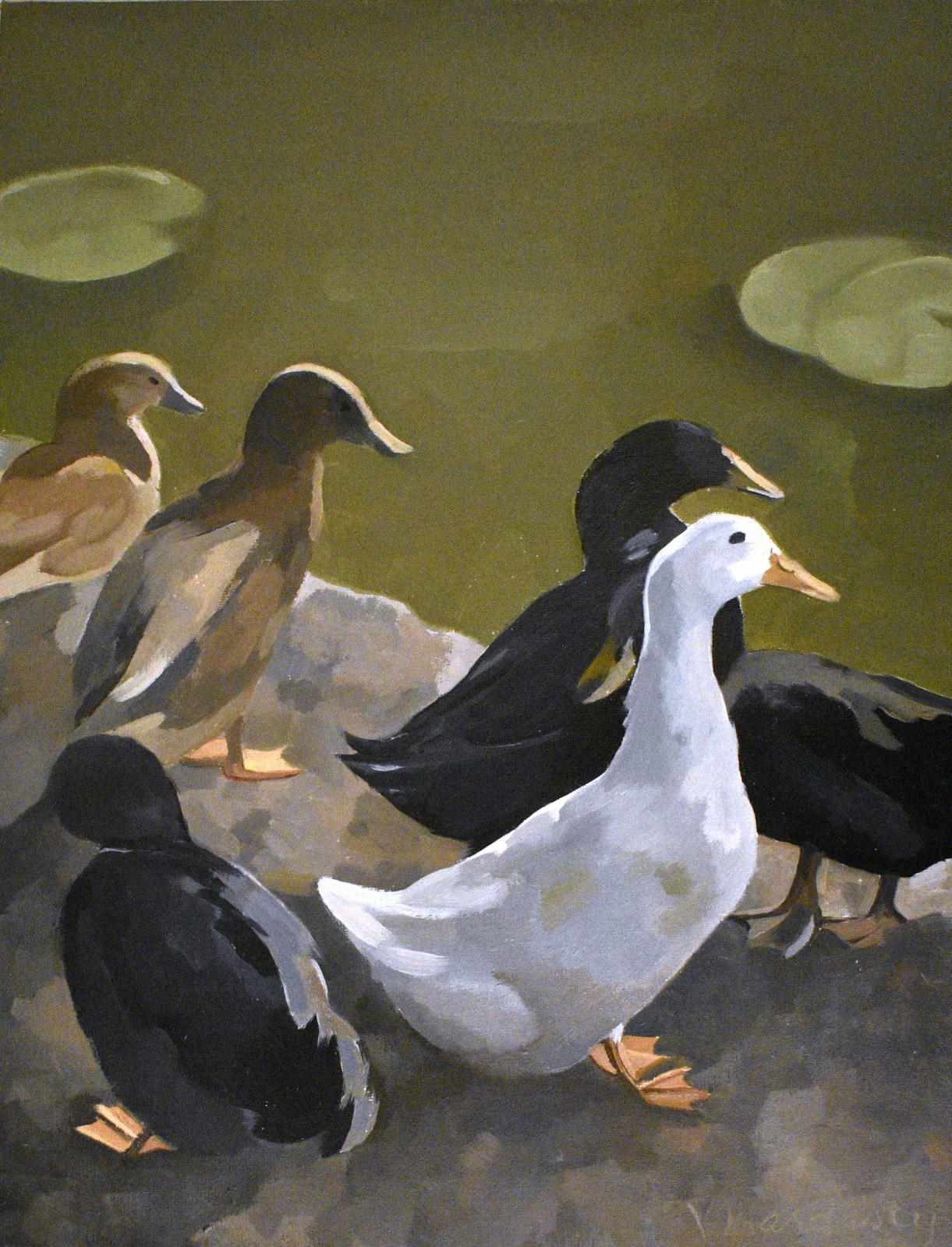 Ducks by the lake 8×10 original oil painting, Birds near water