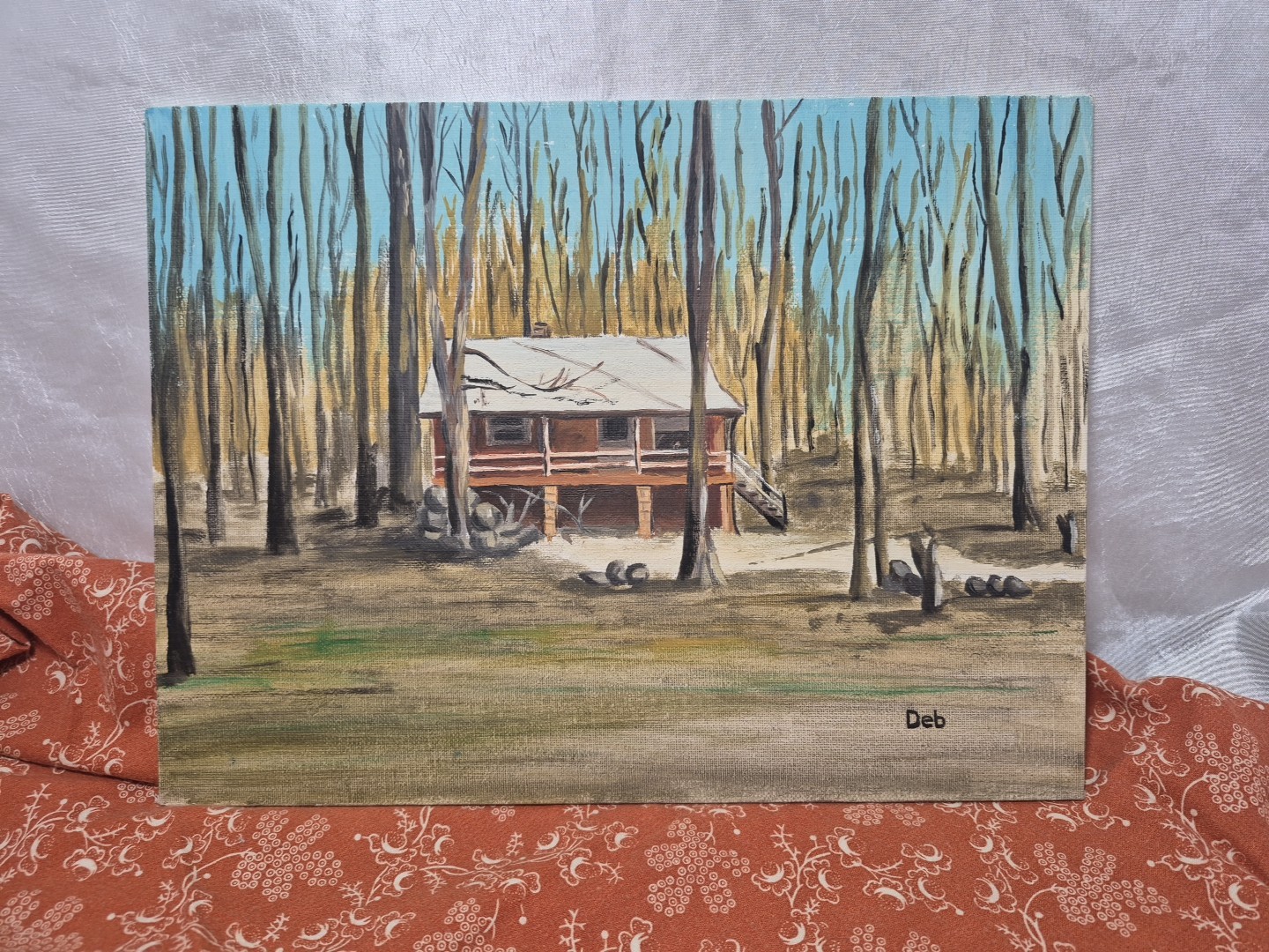 Vintage-Style Acrylic painting on Panel Depicting a Cabin Scene 9″ X 12″