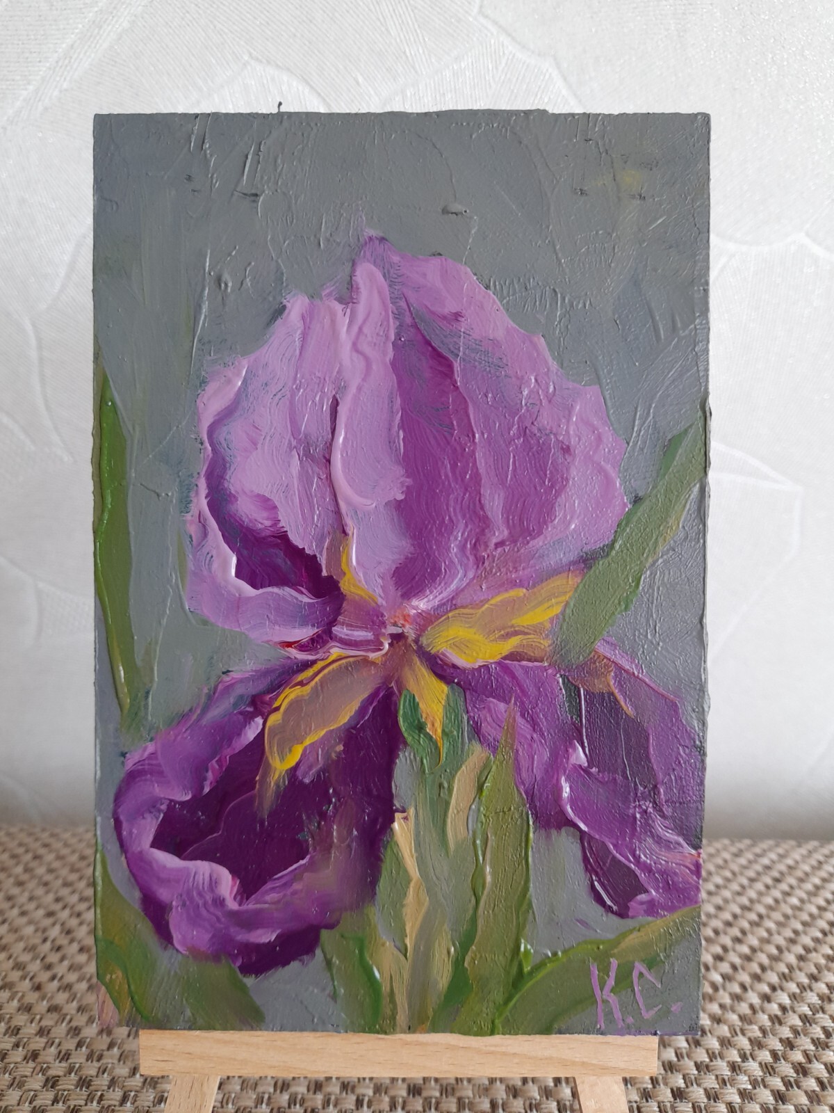 iris original oil painting, miniature flowers paintings, violet iris wall art