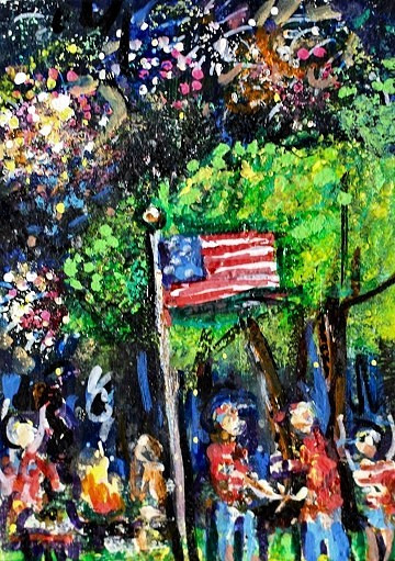 ORIGINAL ACEO Painting FIREWORKS 4th July Camping Fire People USA Flag ATC ART