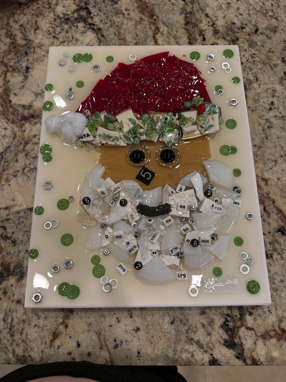 Artist Piece Santa Head with Hat on Canvas Using Crushed Glass and Baubles Xmas