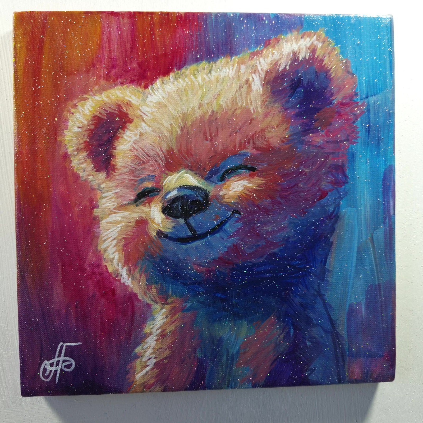 Original Acrylic Painting Colorful Happy Bear Cub Portrait Small Hand Painted