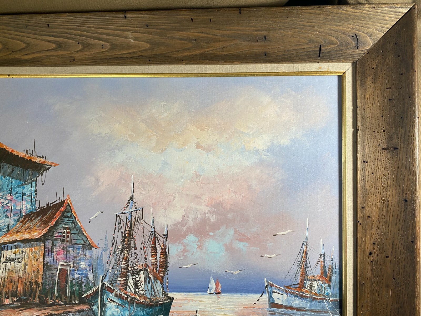 Large Vintage Crane “Moored Fishing Boats” Oil Painting – Signed And Framed