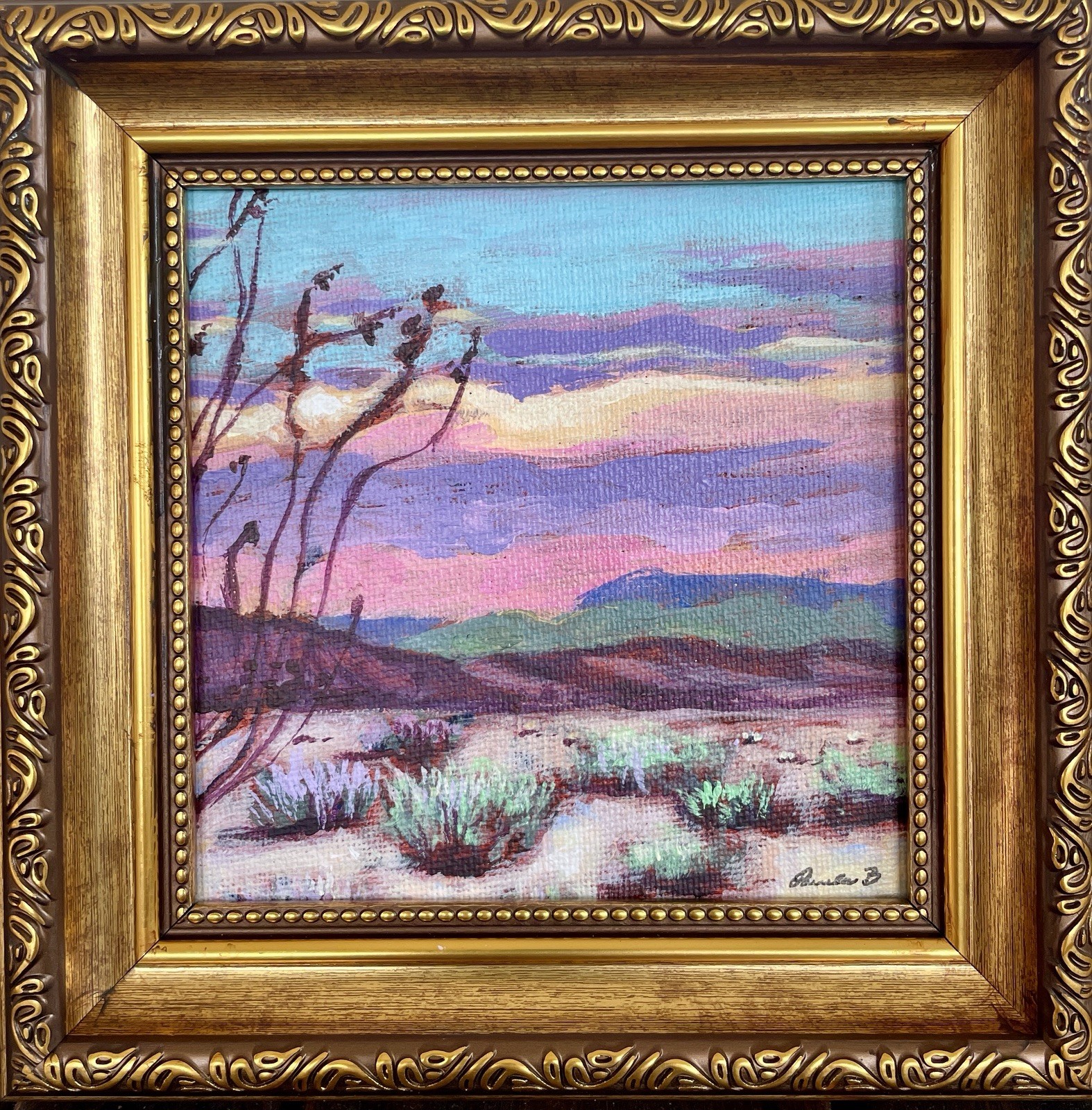 Original Desert Gold Landscape Painting Framed Southwest Sunset Wall Art
