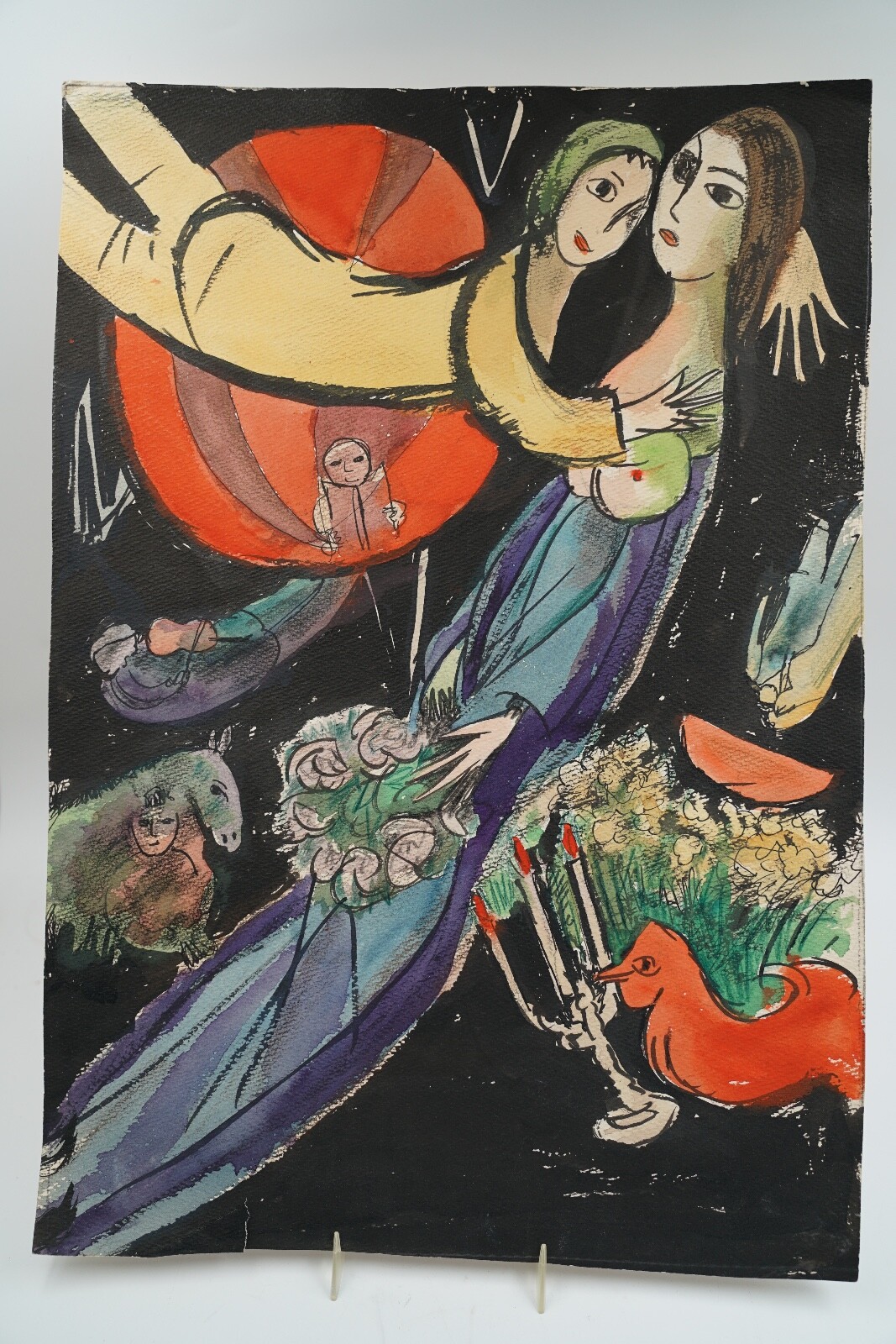 Beautiful Vintage Watercolor Painting, Marc Chagall Style Art Unsigned