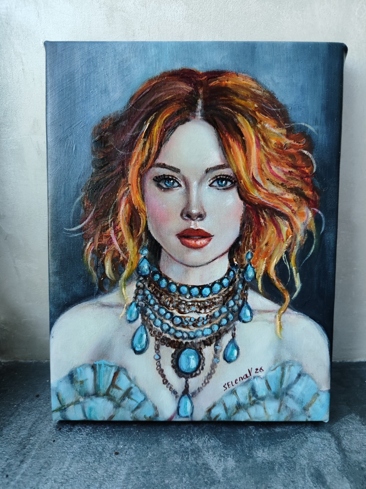 Original Oil Painting Redhead Woman Turquoise Jewelry Portrait 7×9″ 18x24cm Art