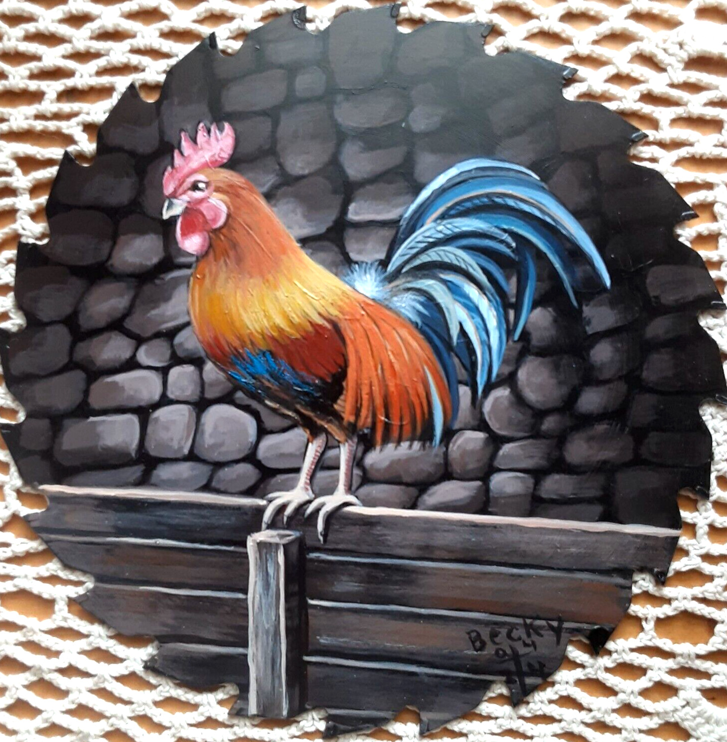 Hand Painted ROOSTER Rhode Island Red FENCE 7 1/4″  local artist