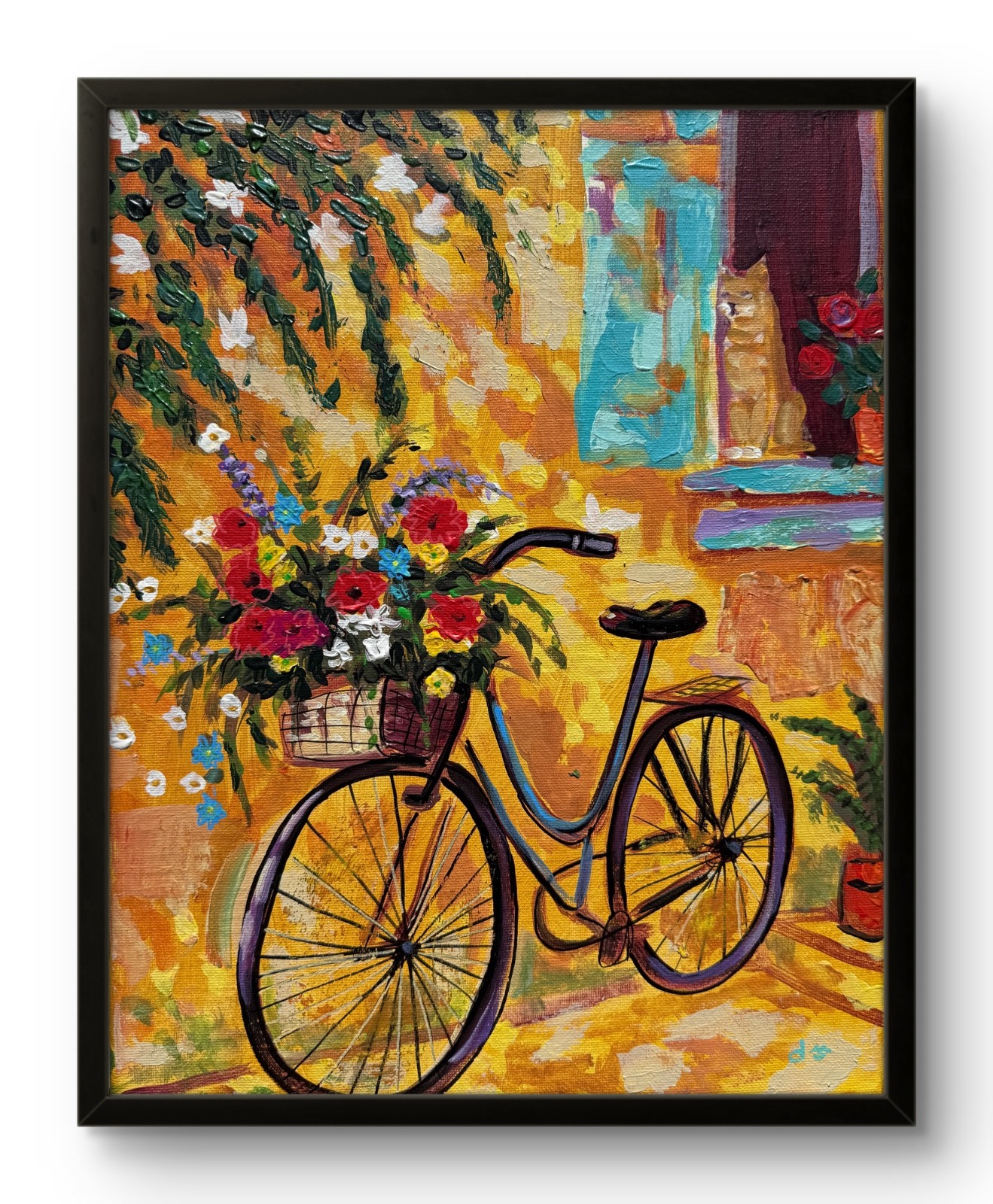 Bicycle Wall Art Floral Painting Cottage Garden Decor 11×14 CV