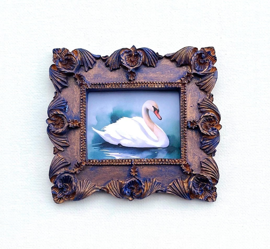 White Swan Framed Tiny Miniature Mini ART PRINT Gold & Blue Frame NOT ACEO