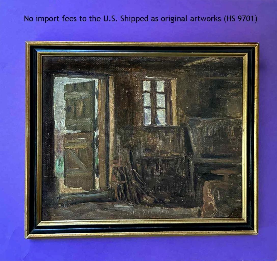 Otto Nielsen (1877–1959) Signed Oil – Rustic Workshop Interior + COA