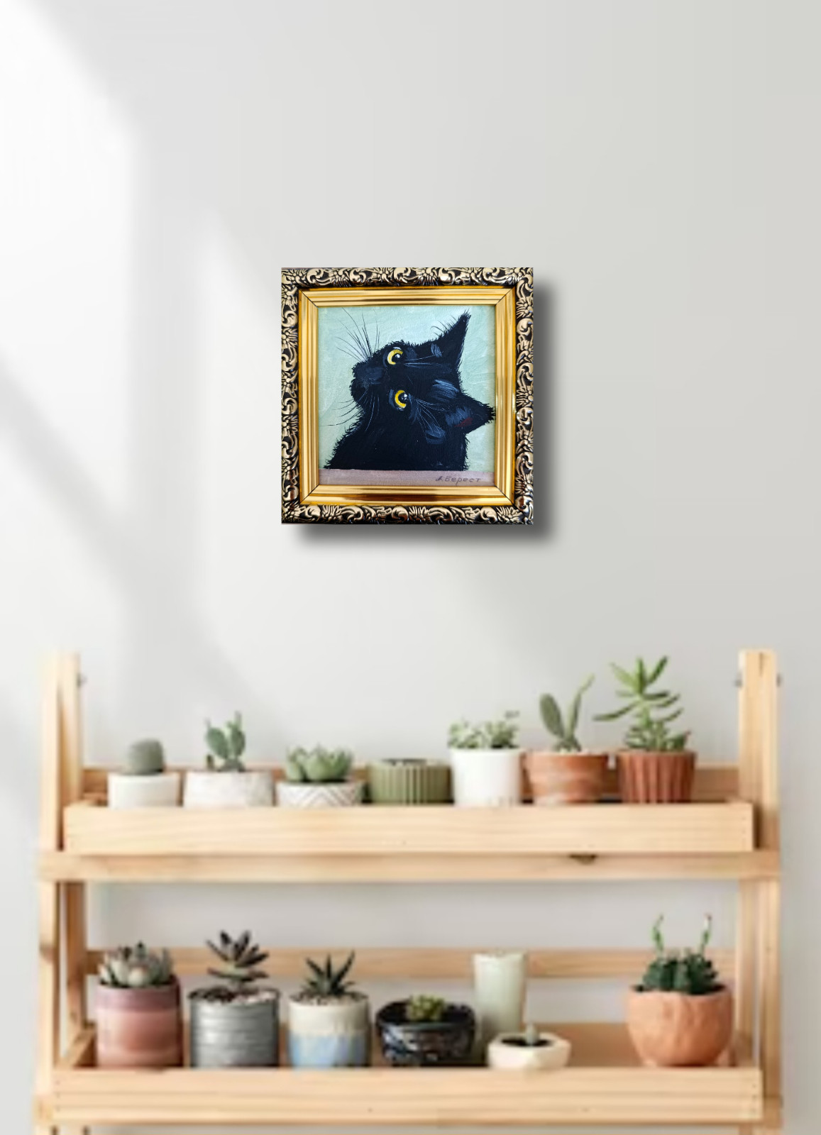 Original Oil Painting Black Cat Handmade Framed Art, Cute Cat Lover Gift,
