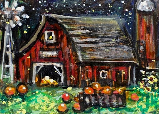 ACEO Original PAINTING Summer Fall Night BARN Pumpkin FARM Landscape ATC ART