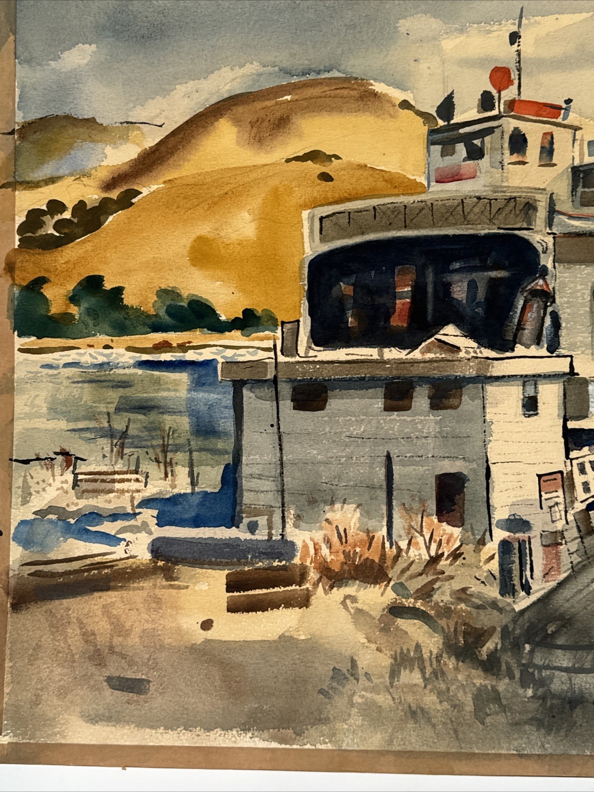 California Regionalist Painting Ferry Boat Dock Classic Car Landscape Vintage