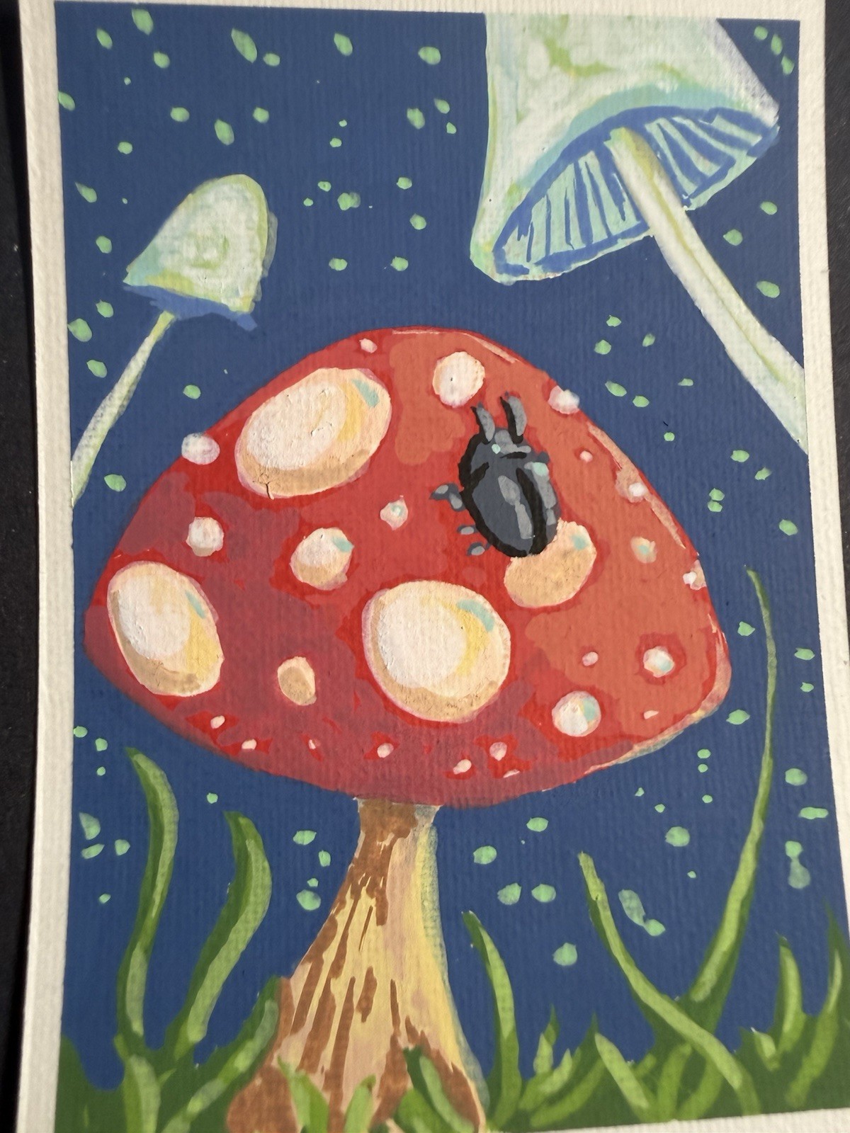 ACEO OOAK Beetle Stargazing MUSHROOM Sky painting Haileylikespaint