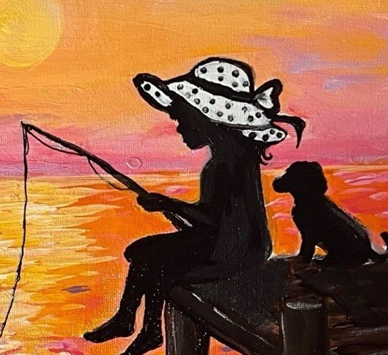 Lake Fishing Dock Girl & Dog Original VLP Art Acrylic 9×12” Canvas Panel