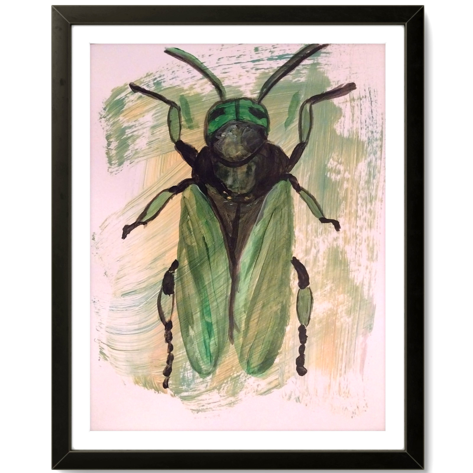 Vibrant Modern Art Signed Big Green Bug Original 11×14 Painting Paper BACH