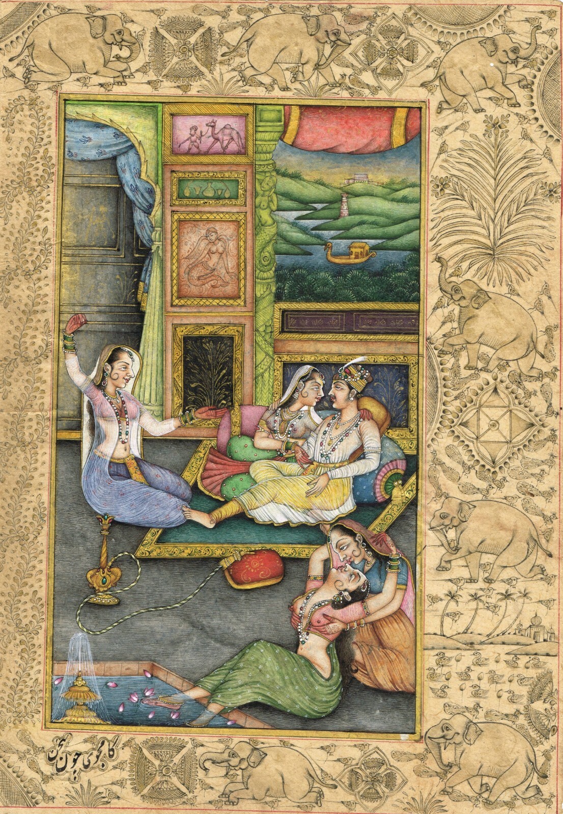 Indian Harem Art Painting A Mughal King With Women In Love Scene 11.25×8 Inches
