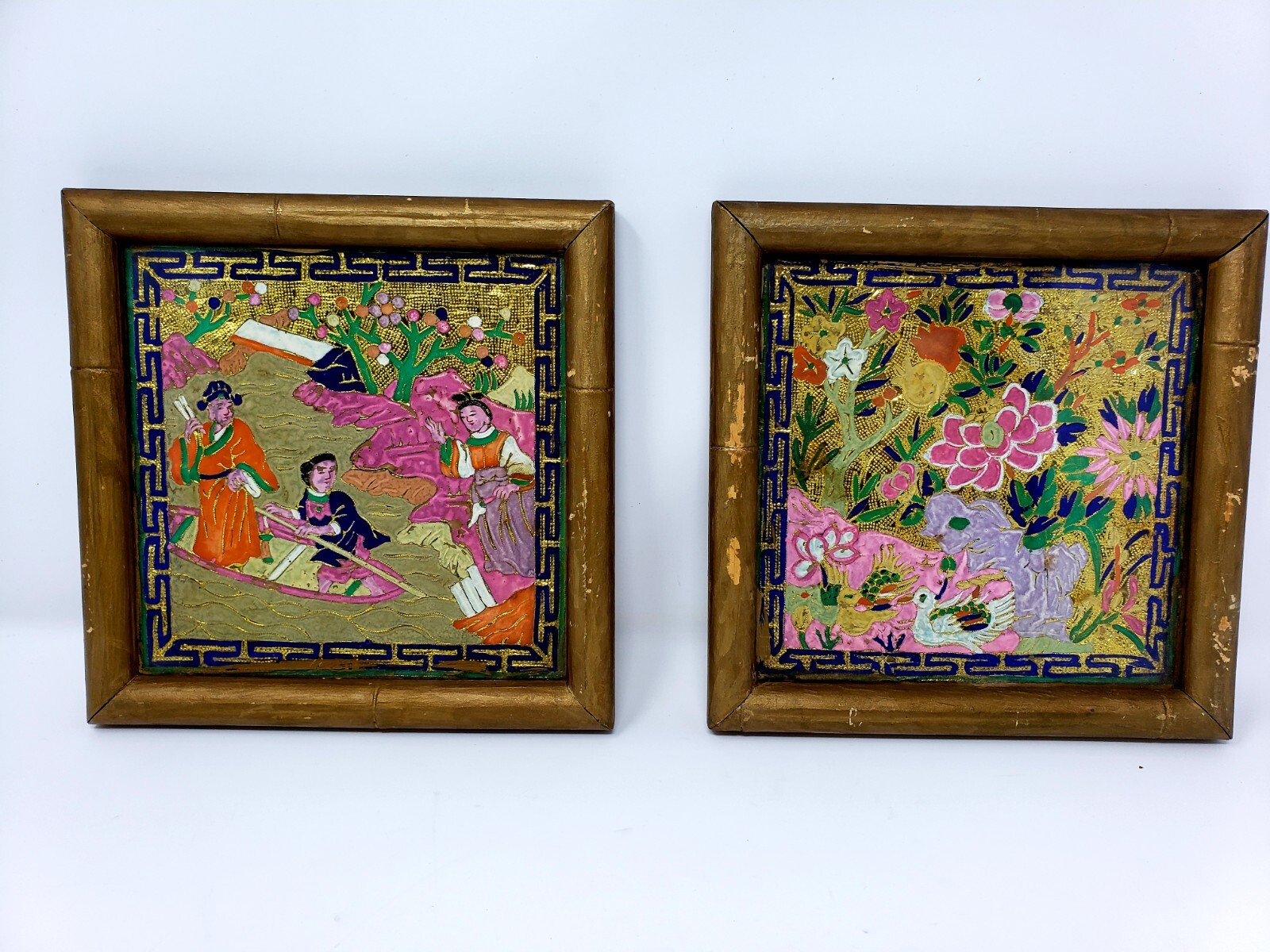 2 Antique China GOLD LEAF Foil Paintings 1800s.