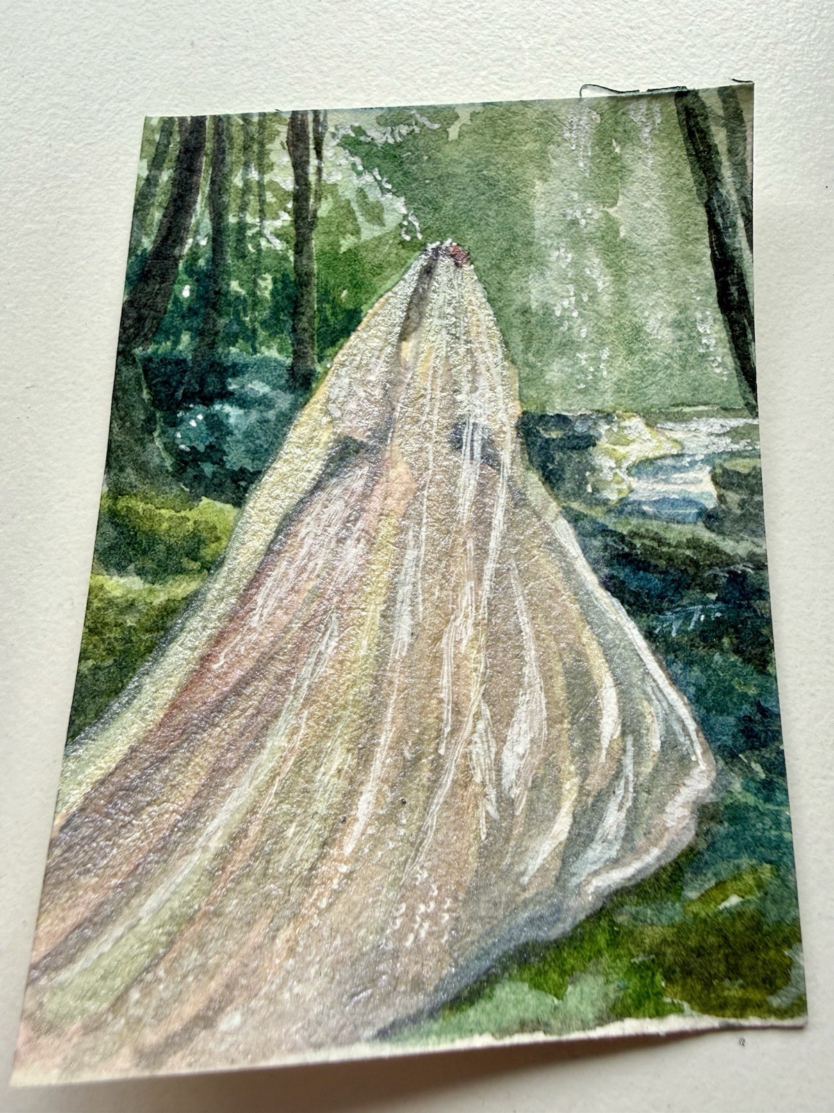 Original Watercolor ACEO Bride in Forest Girl Fantasy Miniature 2.5×3.5”