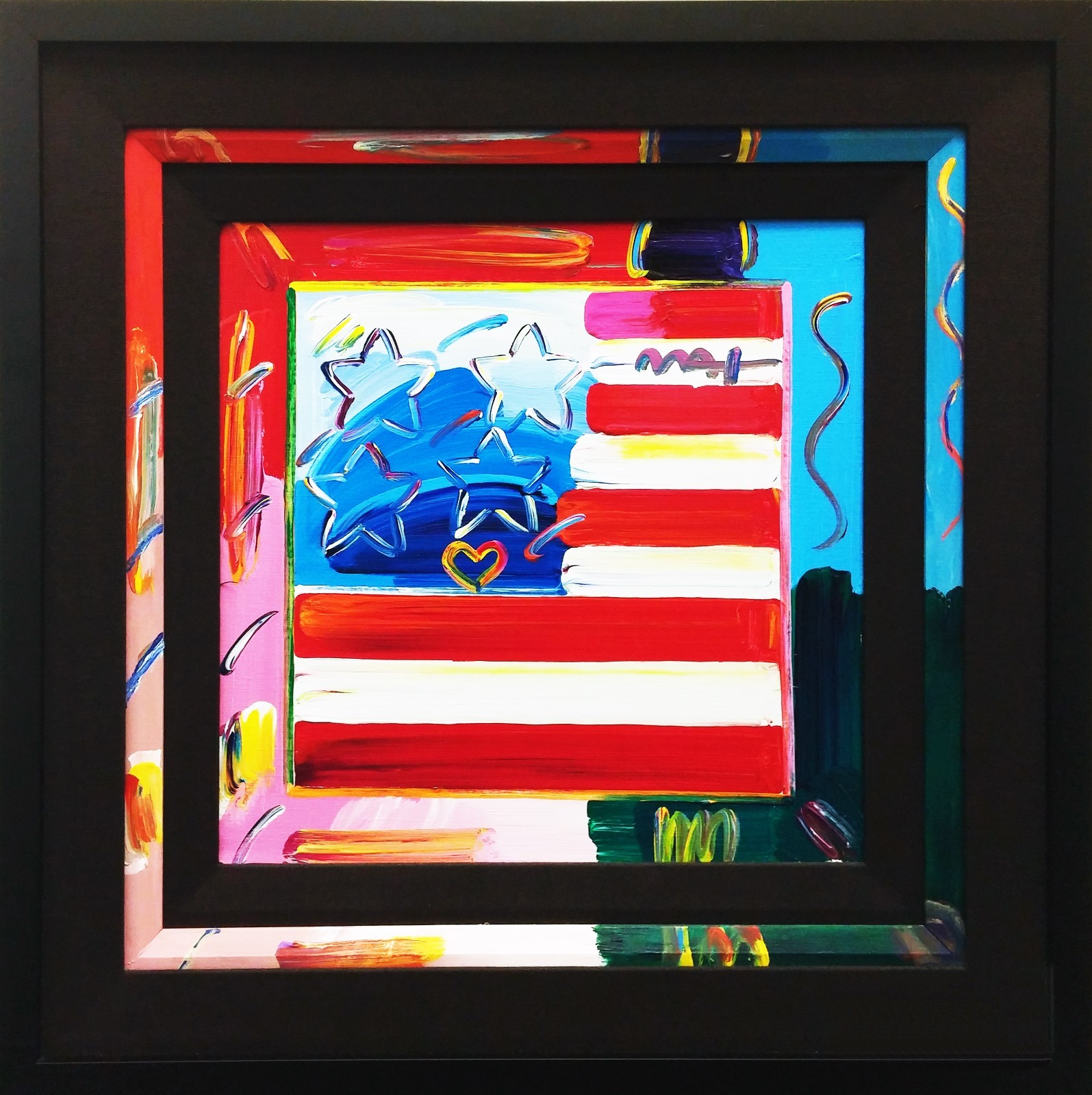Peter Max “Flag” 2013 | Original Painting on Canvas | 25×25″ Custom Framed