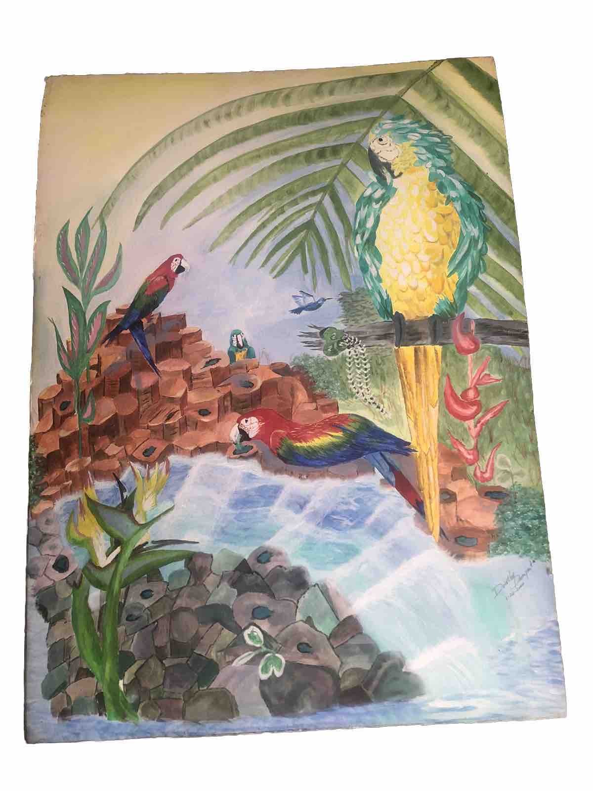 Original Macaw Parrot In Jungle Painting Signed By Artist 21.5 X 29.5” Exotic