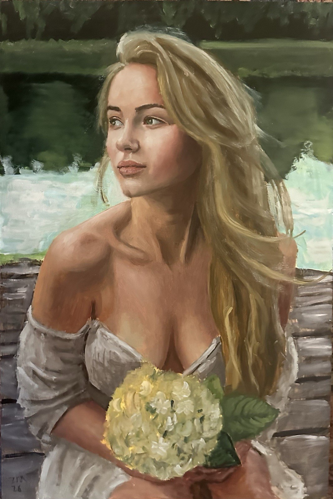 Original Oil Painting by ZM – Woman White Dress at Lake on Board Ready to Hang